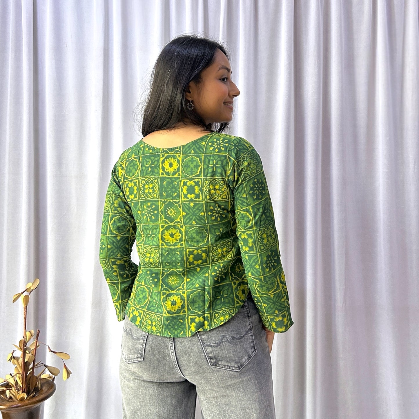 Green Dabu Slub Floral Hand Block Printed Tunic