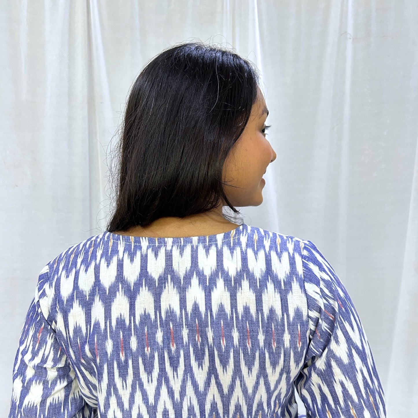 Ikkat Blue White Long Kurti