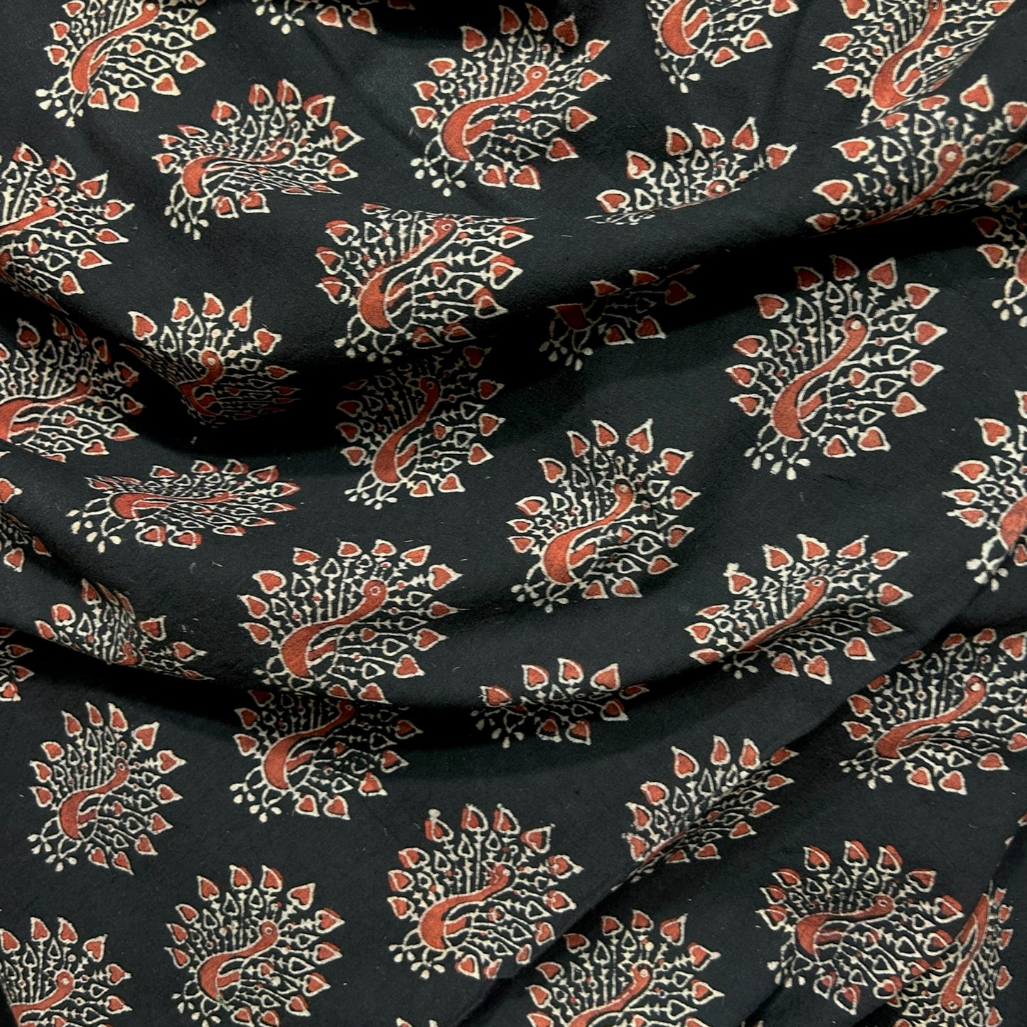 Vegetable Black Peacock Motif Hand Block Printed Fabric