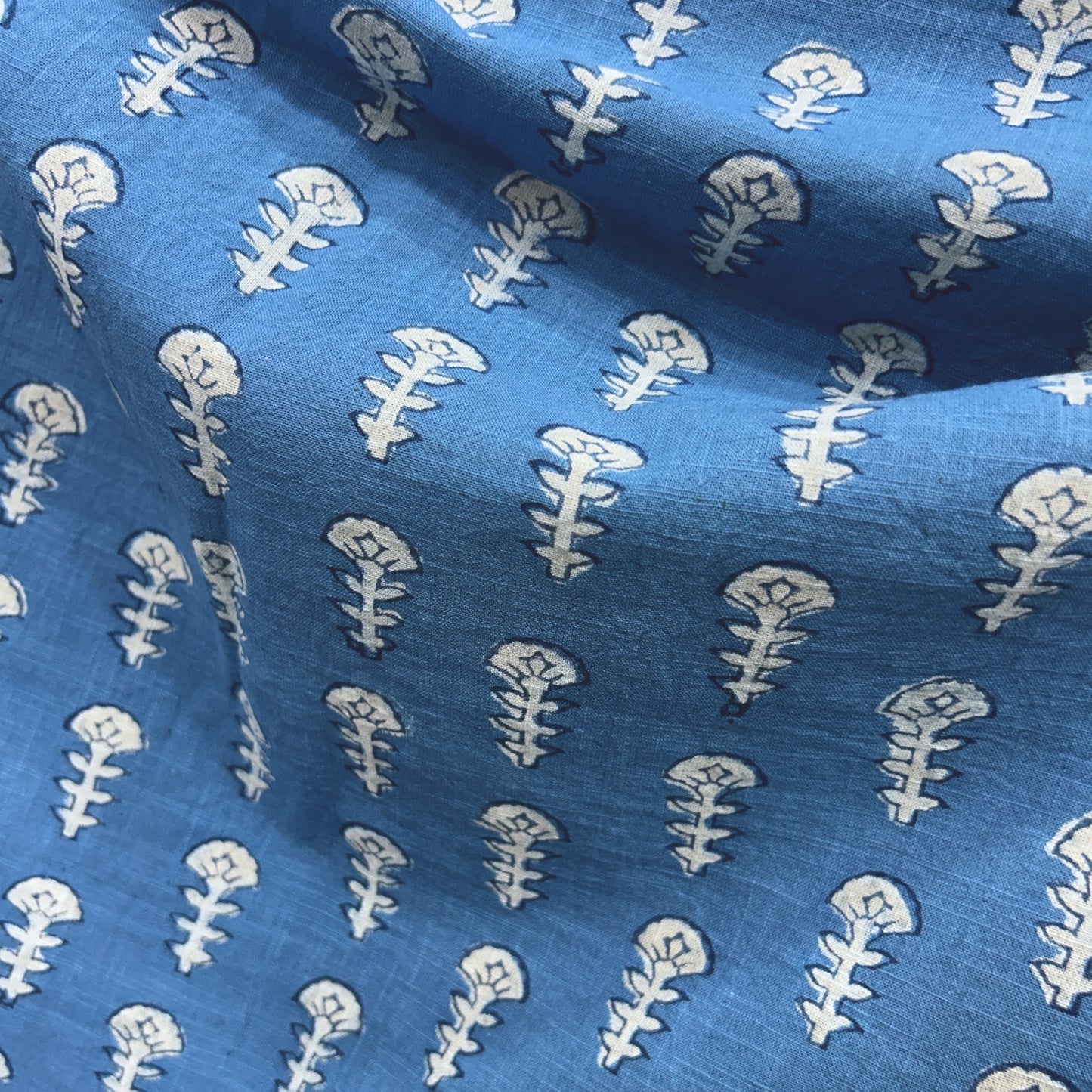 Dabu Blue Floral Slub Cotton Hand Block Printed Fabric