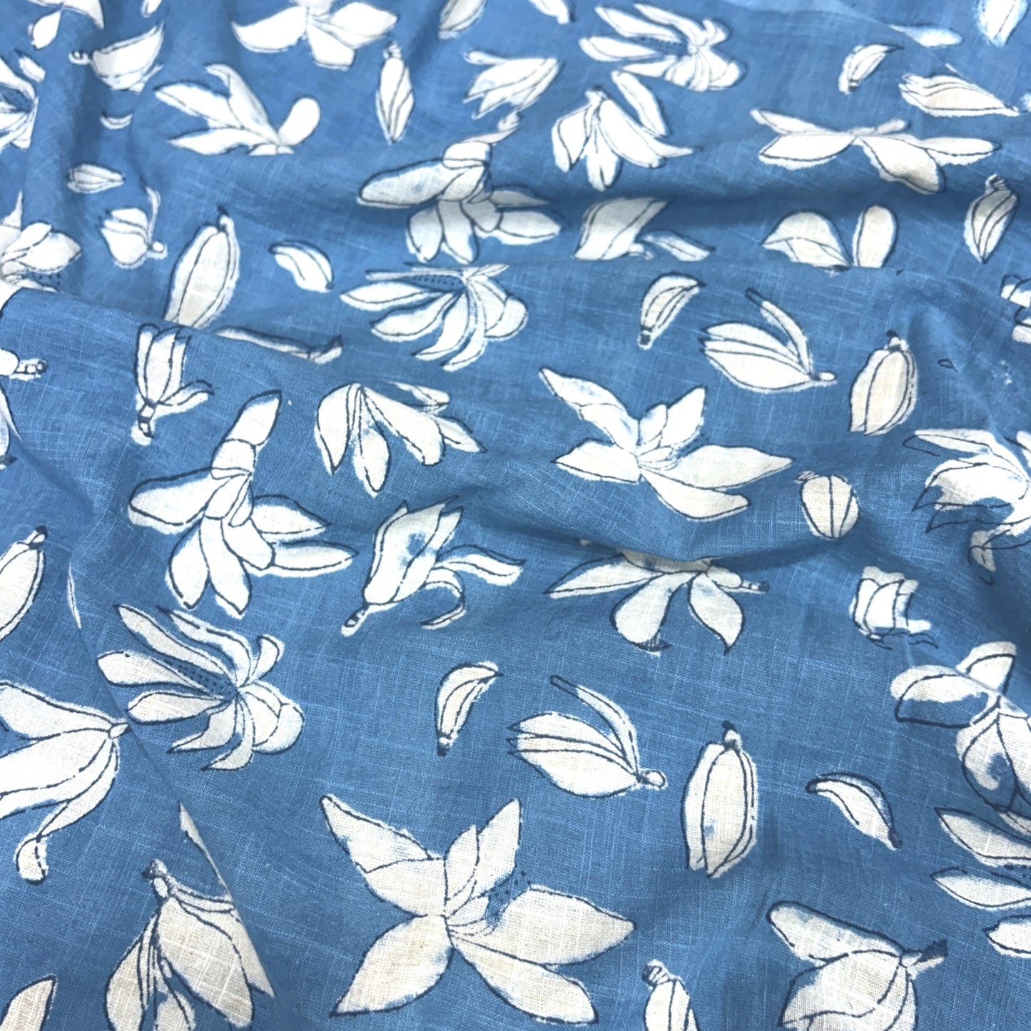 Dabu Blue Floral Slub Cotton Hand Block Printed Fabric