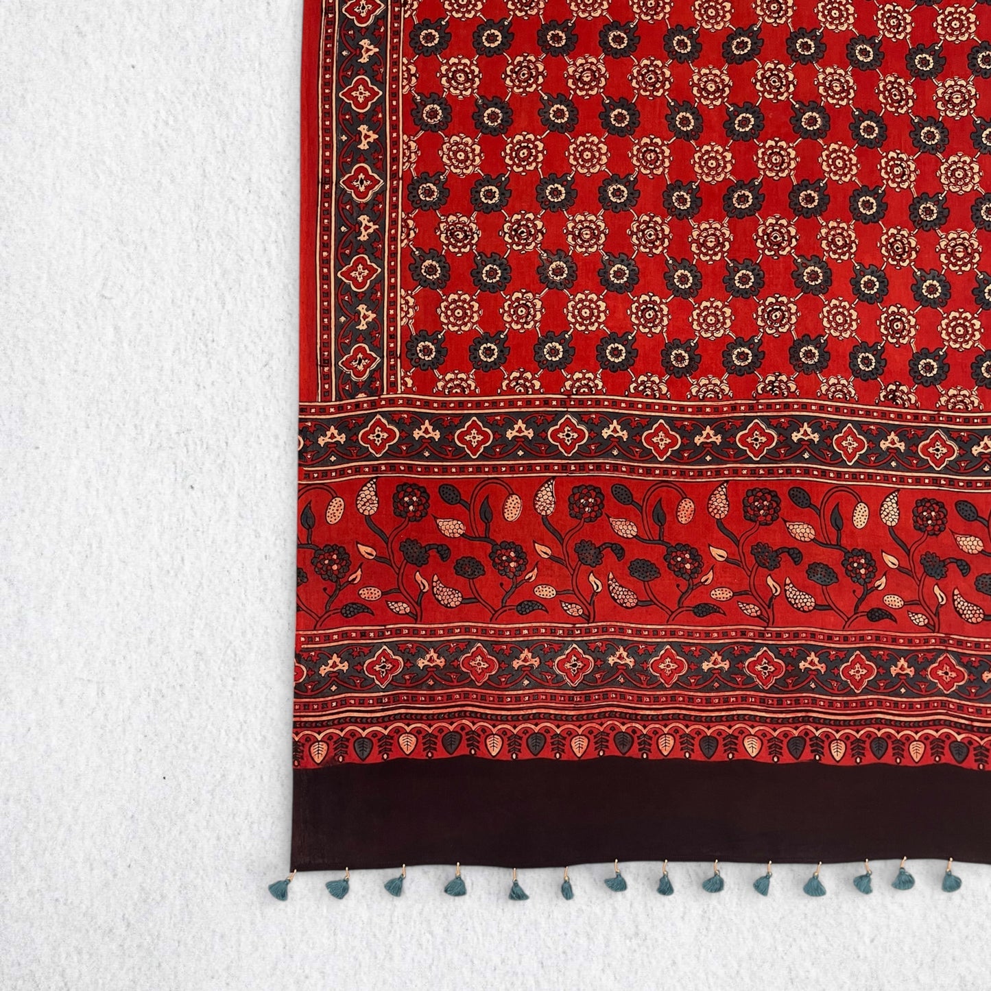 Red Ajrakh Floral Hand Block Printed Dupatta