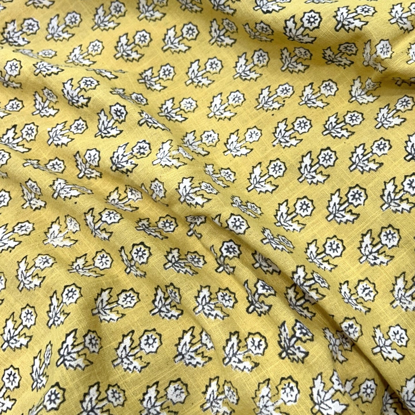 Dabu Yellow Floral Slub Cotton Hand Block Printed Fabric