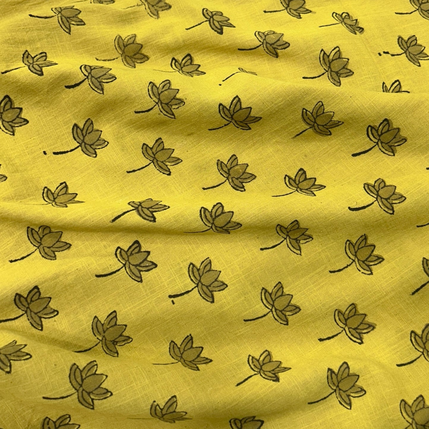 Dabu Yellow Floral Slub Cotton Hand Block Printed Fabric