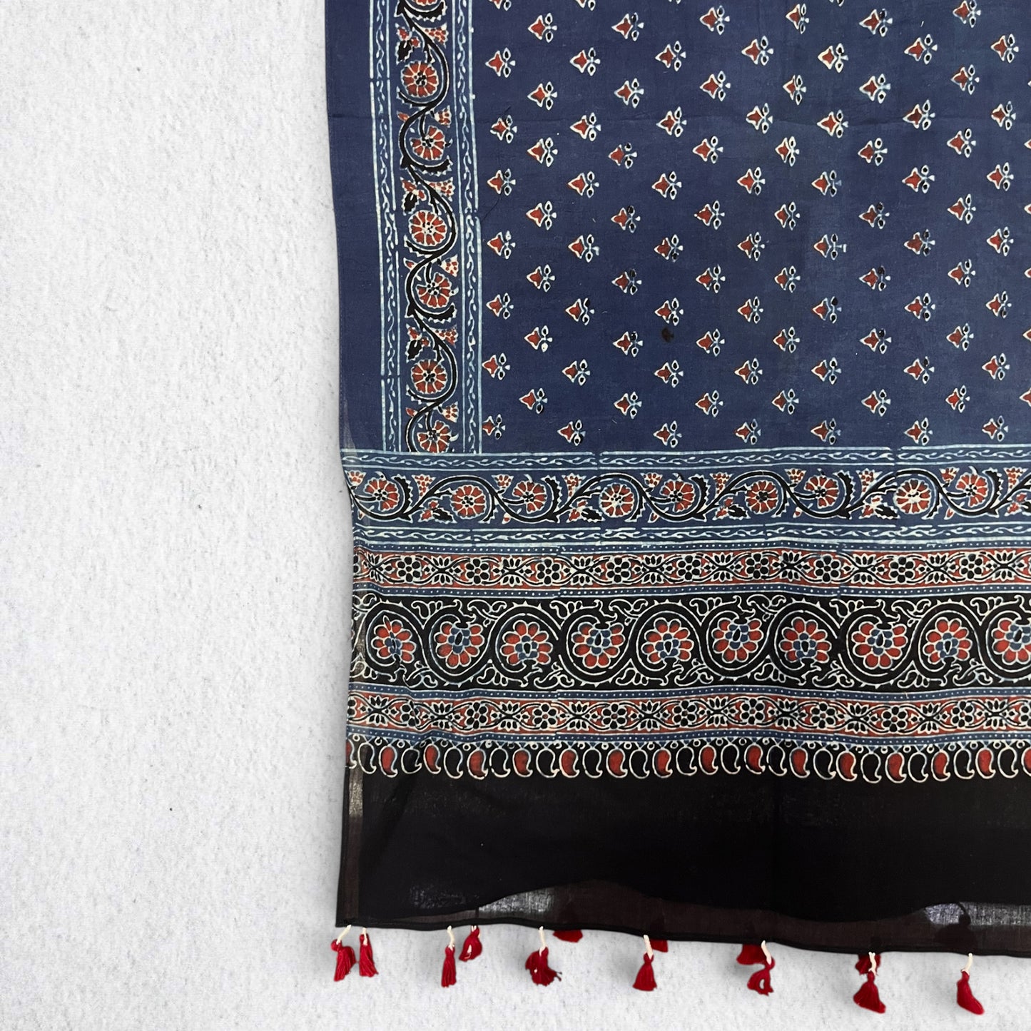 Blue Ajrakh Hand Block Printed Mul Cotton Stole With Tassels