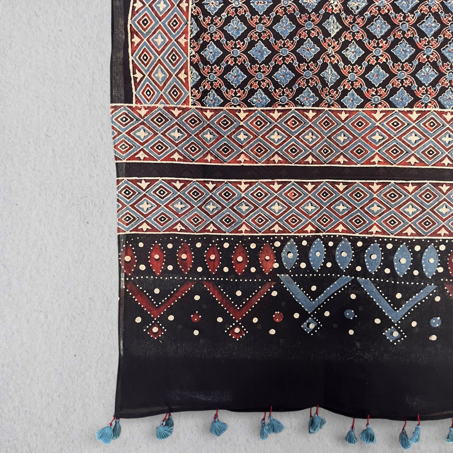 Black Ajrakh Hand Block Printed Mul Cotton Stole With Tassels