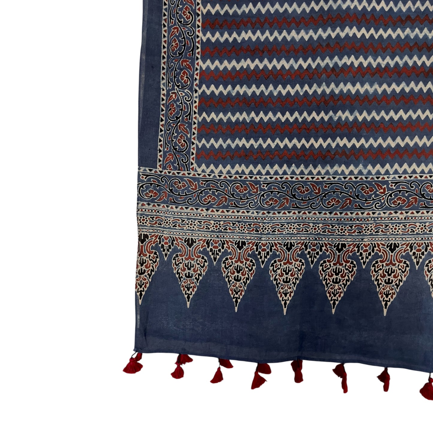 Blue Ajrakh Hand Block Printed Mul Cotton Stole With Tassels