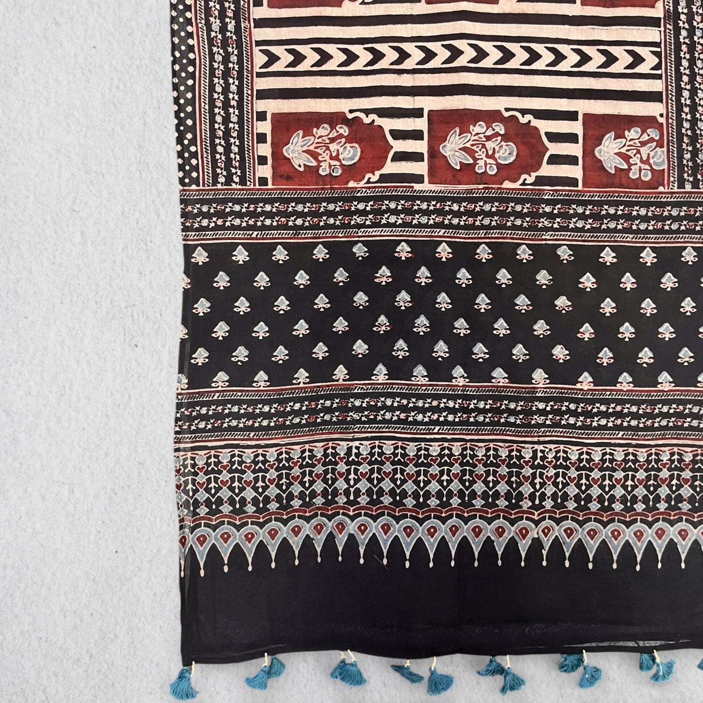 Black Ajrakh Hand Block Printed Mul Cotton Stole With Tassels