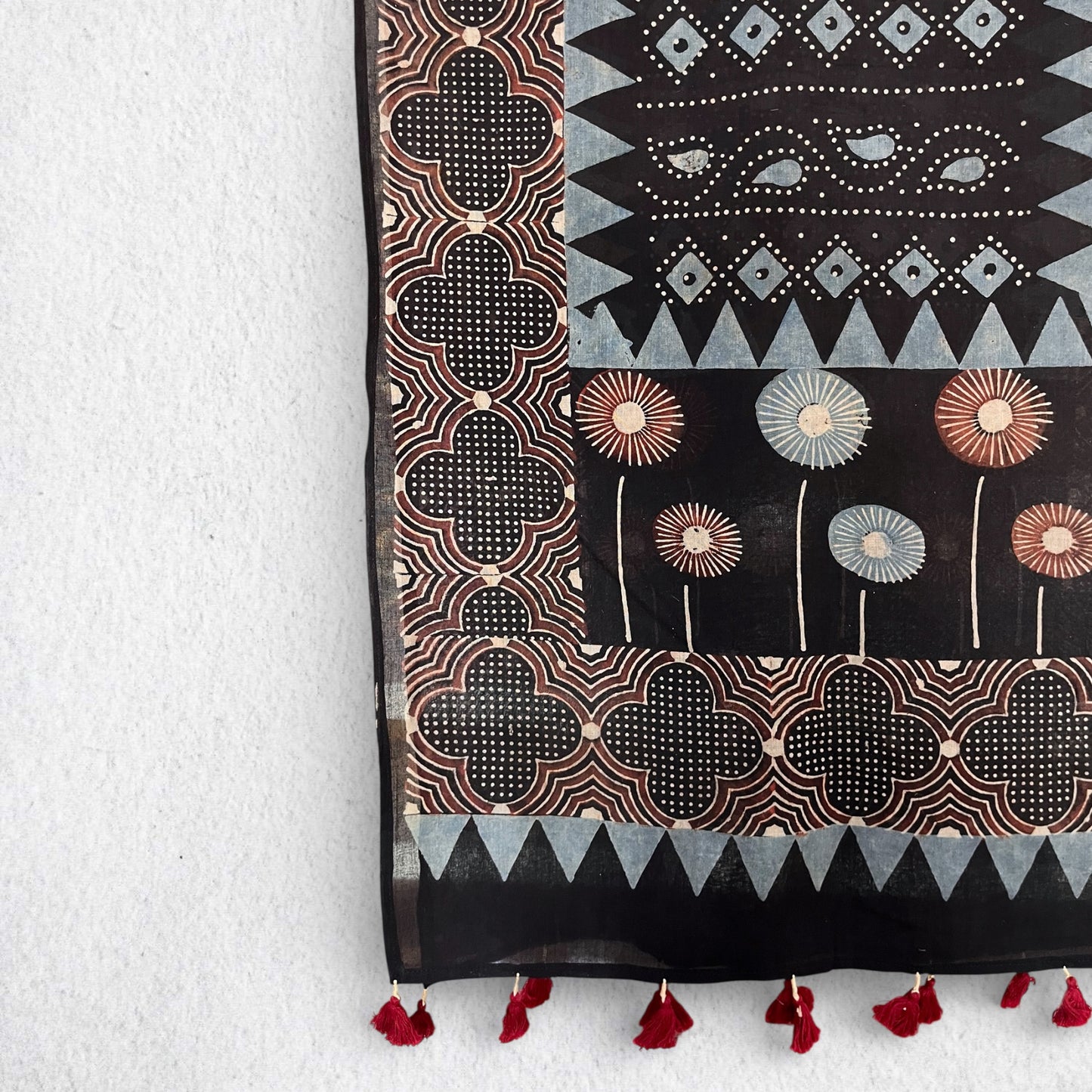 Black Ajrakh Hand Block Printed Mul Cotton Stole With Tassels
