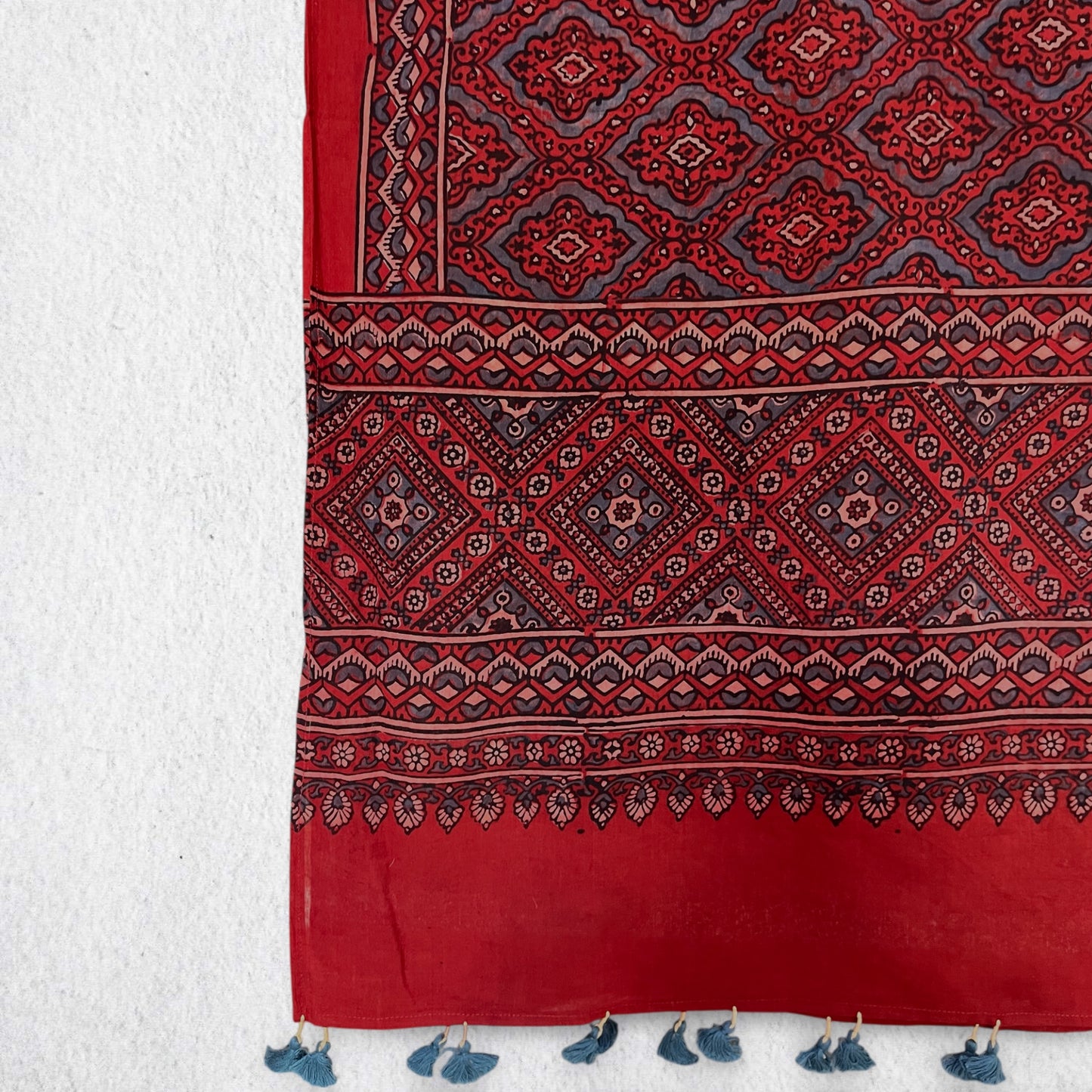 Red Ajrakh Hand Block Printed Mul Cotton Stole With Tassels