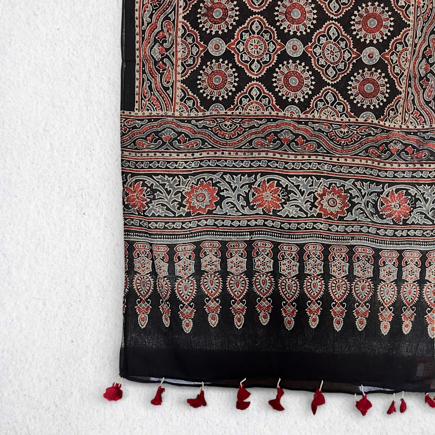 Black Ajrakh Hand Block Printed Mul Cotton Stole With Tassels