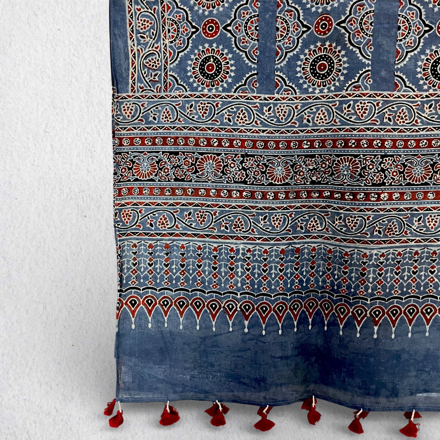 Blue Ajrakh Hand Block Printed Mul Cotton Stole With Tassels