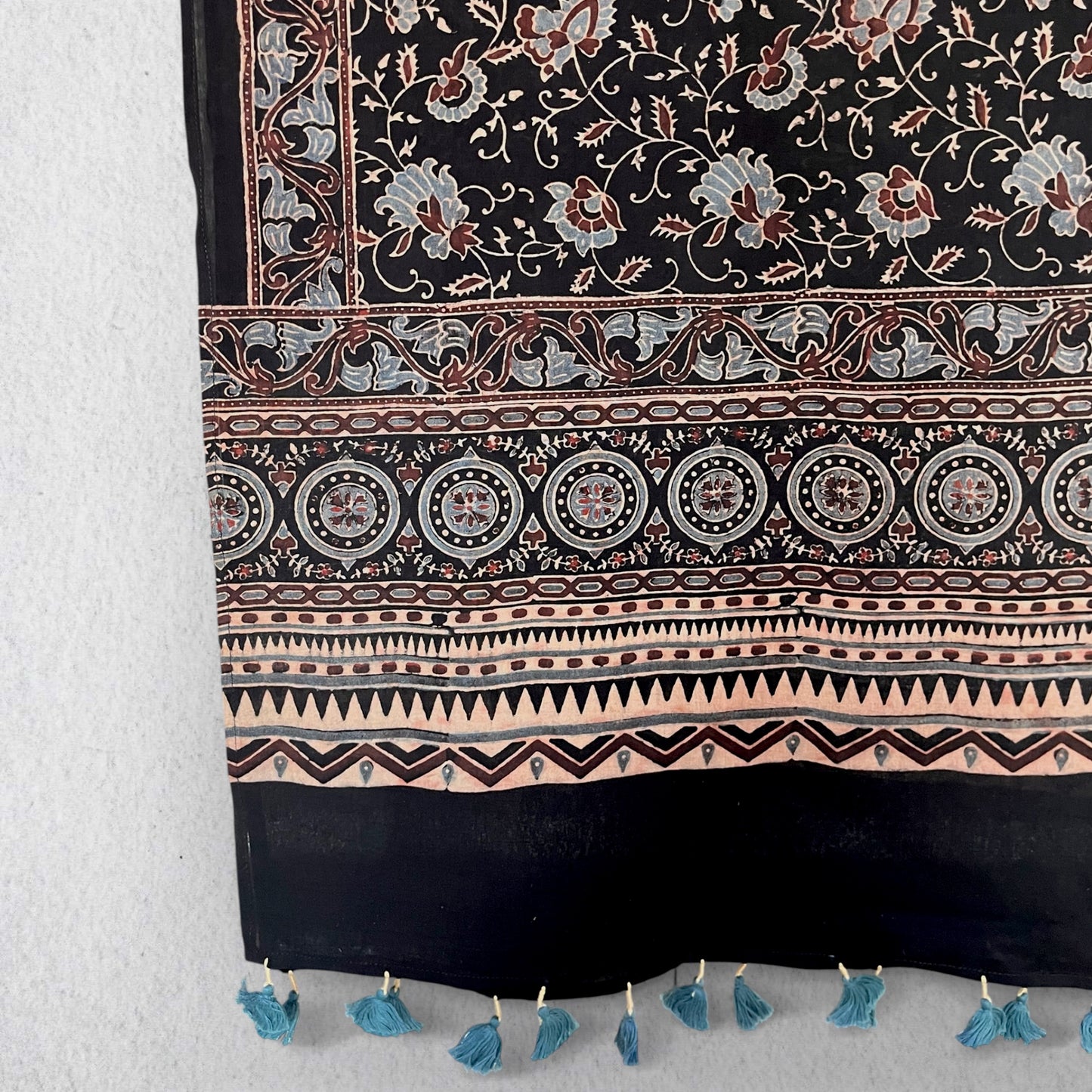 Black Ajrakh Hand Block Printed Mul Cotton Stole With Tassels