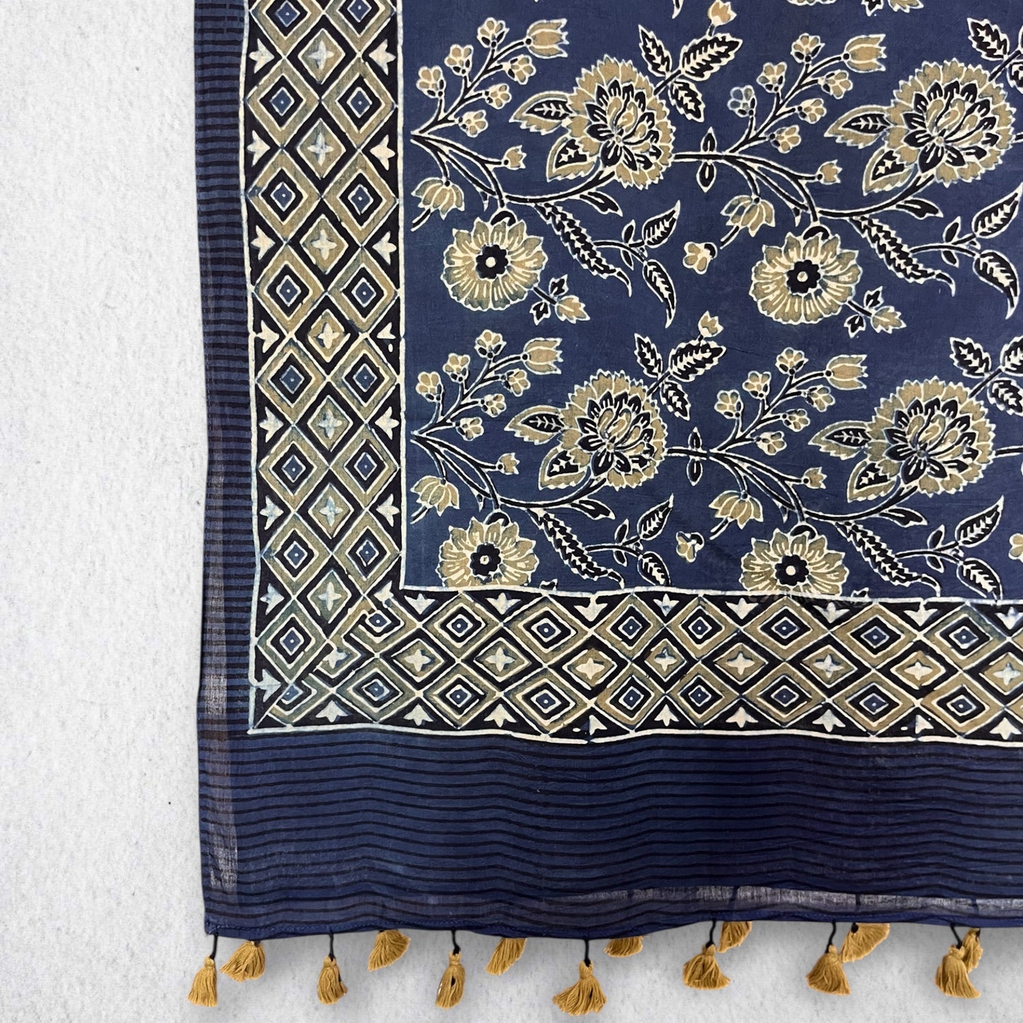 Blue Ajrakh Hand Block Printed Mul Cotton Stole With Tassels
