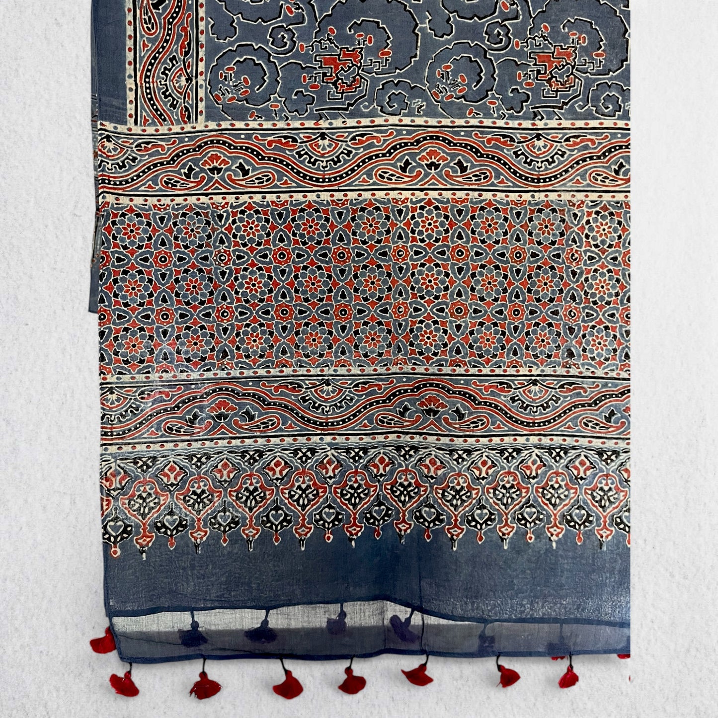 Blue Ajrakh Hand Block Printed Mul Cotton Stole With Tassels