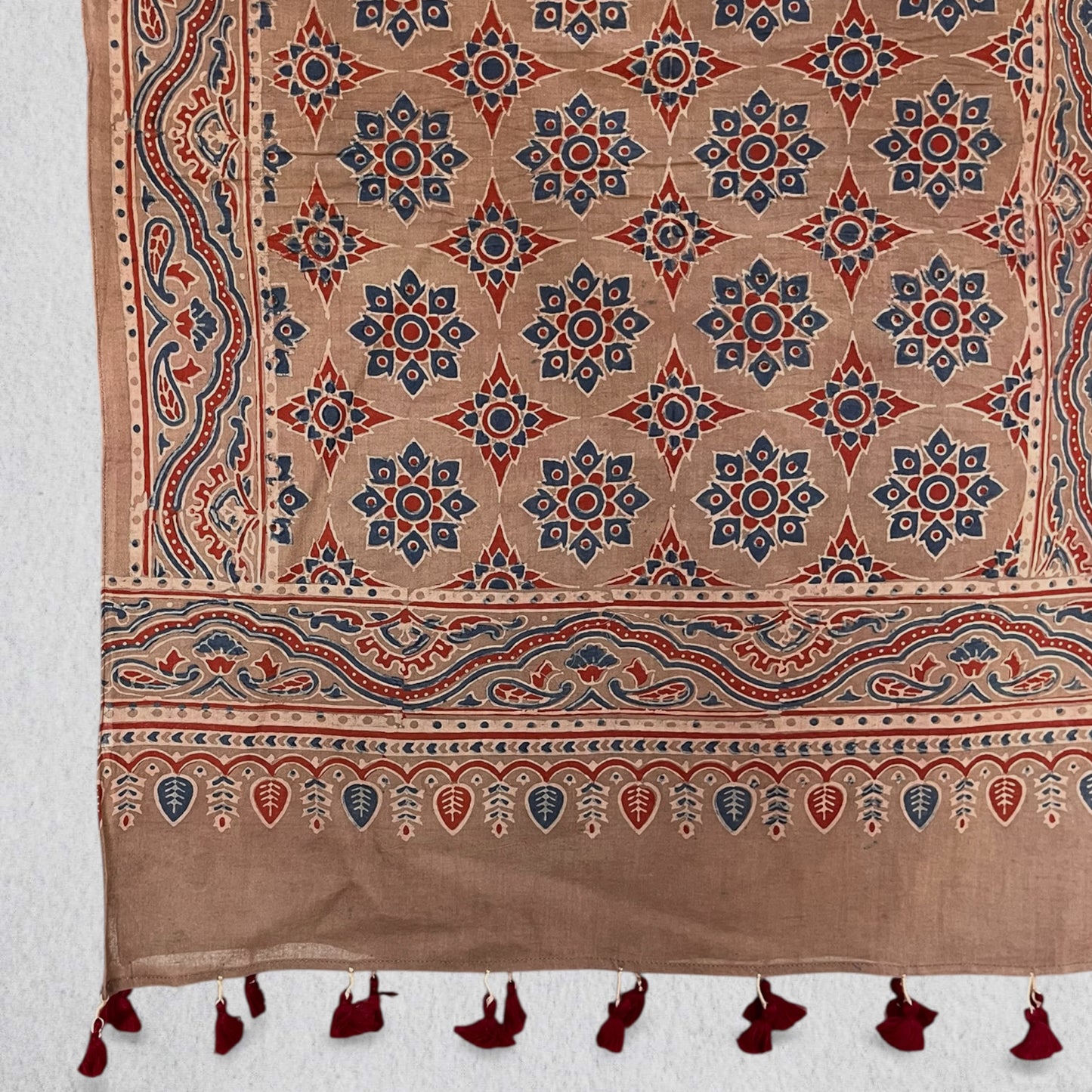 Brown Ajrakh Hand Block Printed Mul Cotton Stole With Tassels