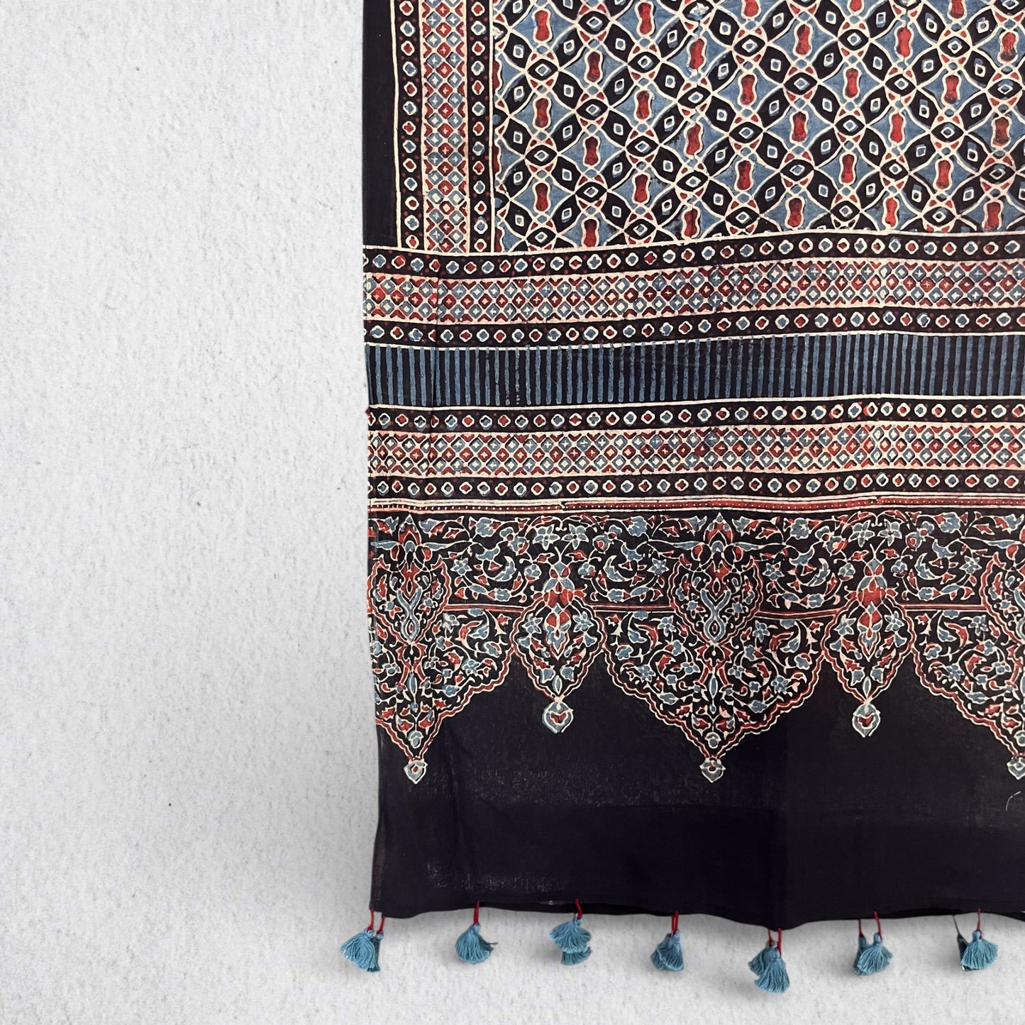 Black Ajrakh Hand Block Printed Mul Cotton Stole With Tassels