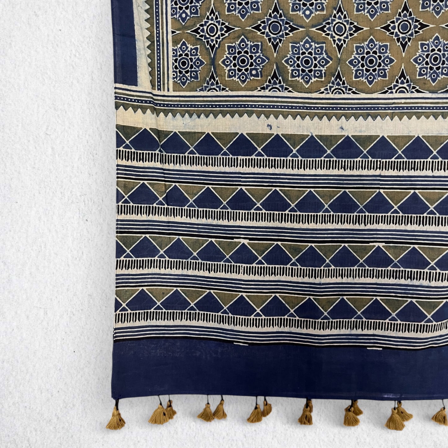 Blue Ajrakh Hand Block Printed Mul Cotton Stole With Tassels