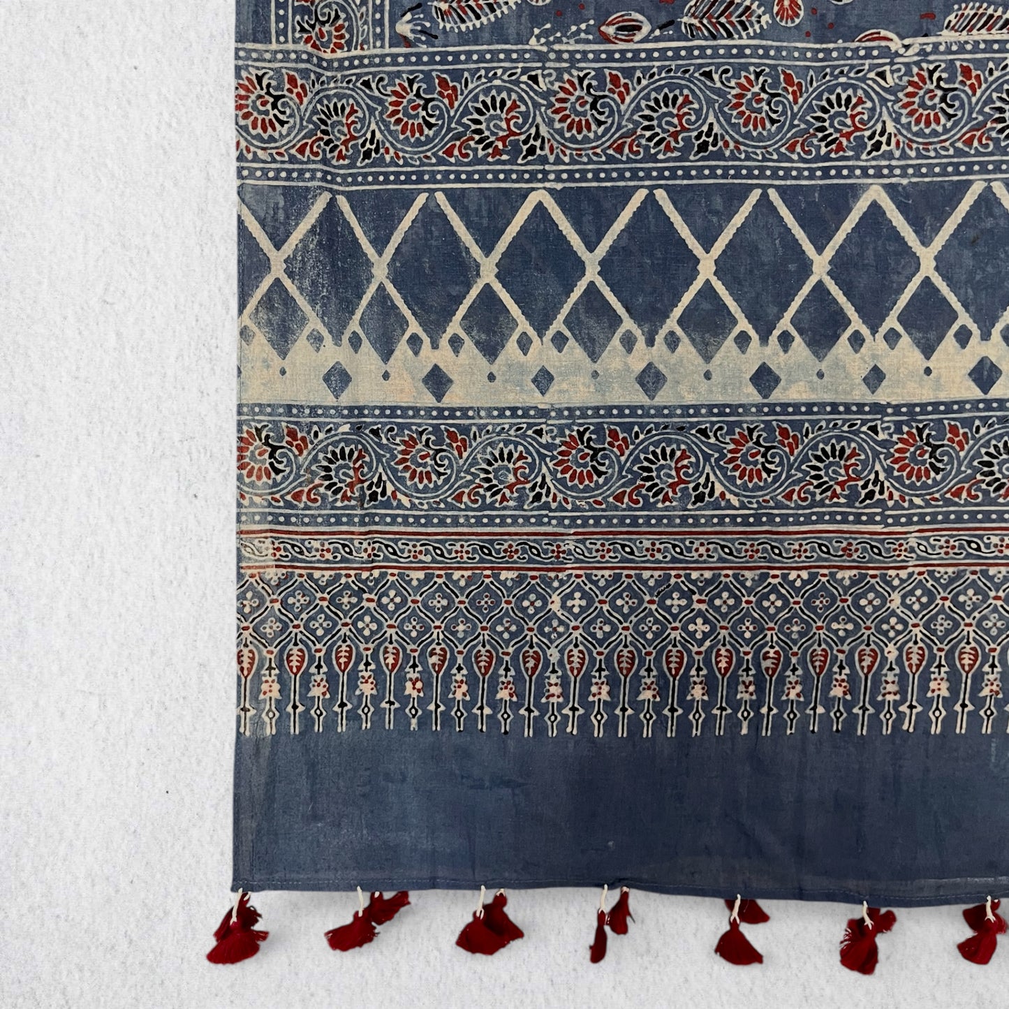 Blue Ajrakh Hand Block Printed Mul Cotton Stole With Tassels