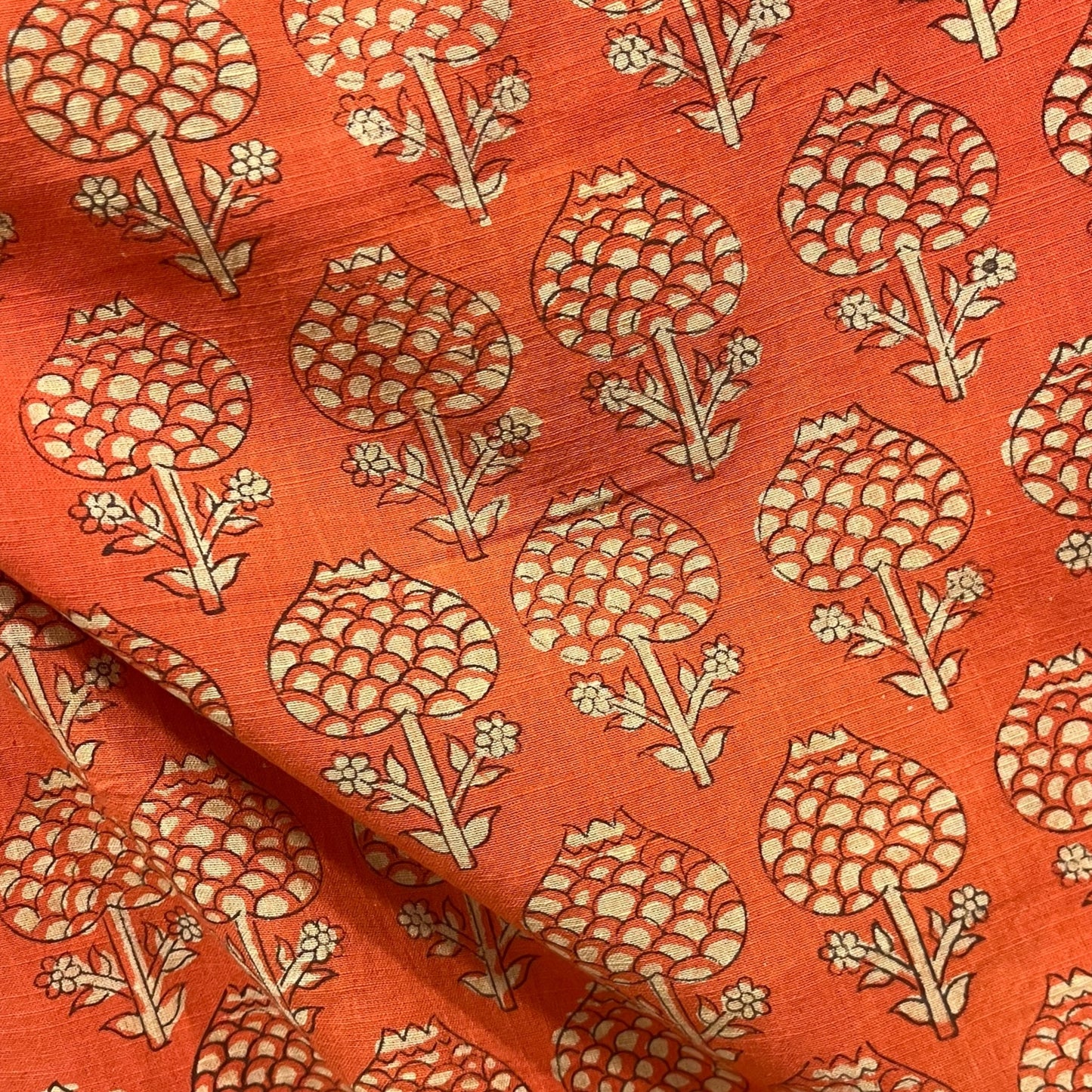 Dabu Orange Floral Slub Cotton Hand Block Printed Fabric