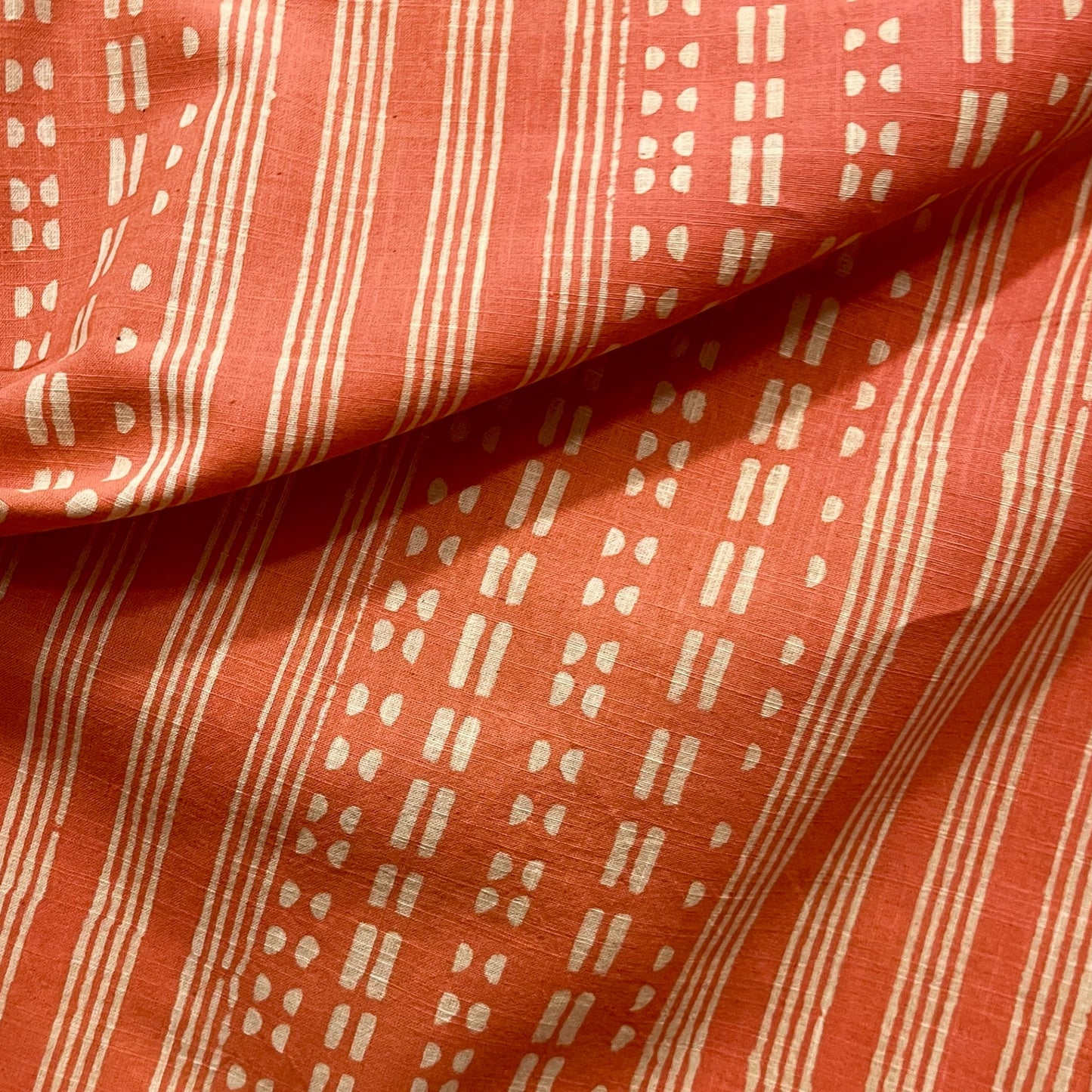 Dabu Orange Geometric Slub Cotton Hand Block Printed Fabric
