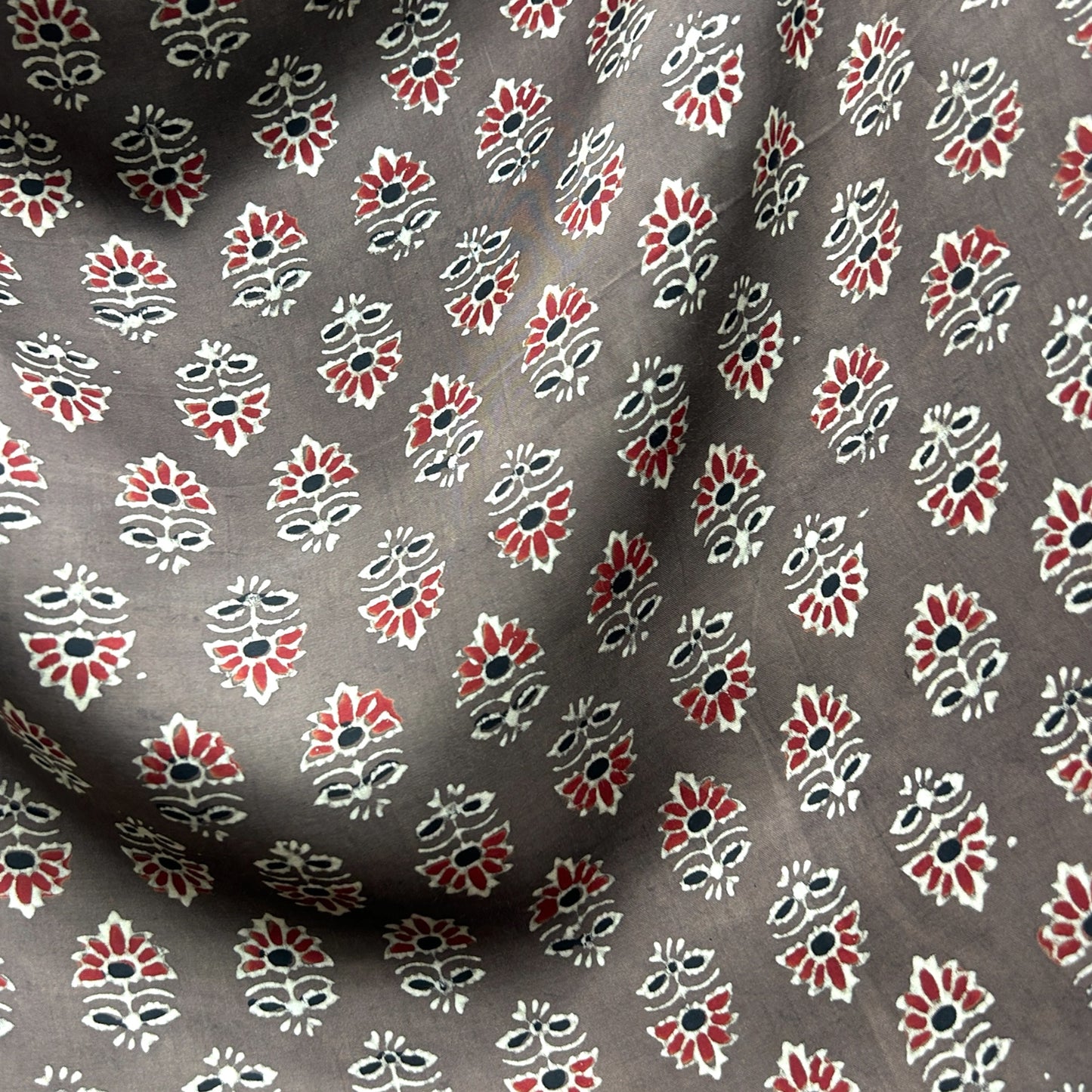 Modal Silk Ajrakh Brown Floral Hand Block Printed Fabric
