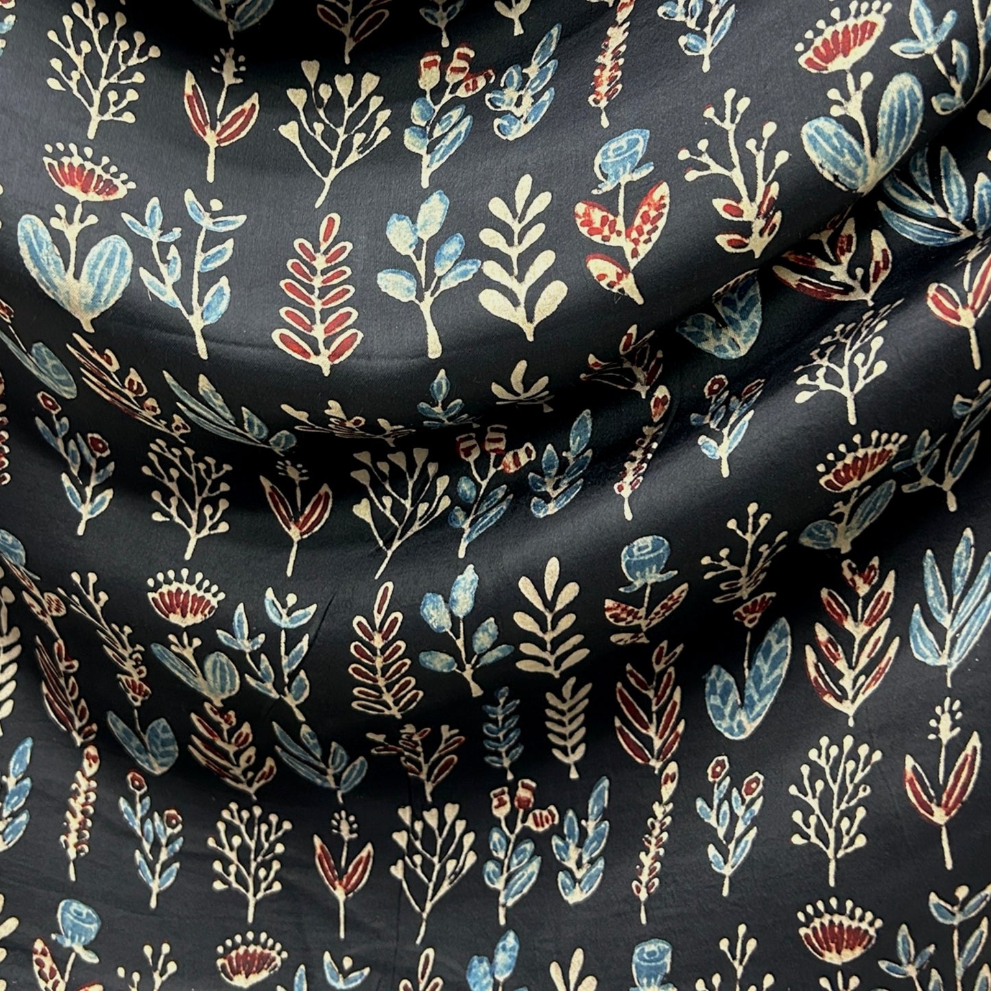 Modal Silk Ajrakh Black Floral Hand Block Printed Fabric