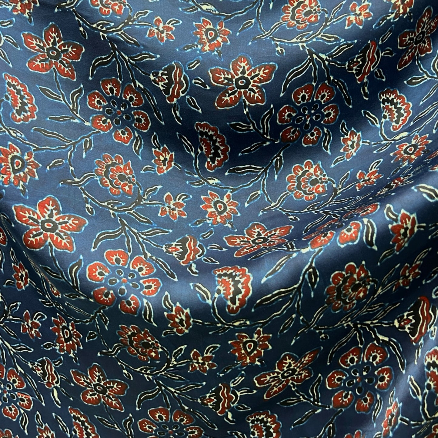 Modal Silk Ajrakh Blue Floral Hand Block Printed Fabric