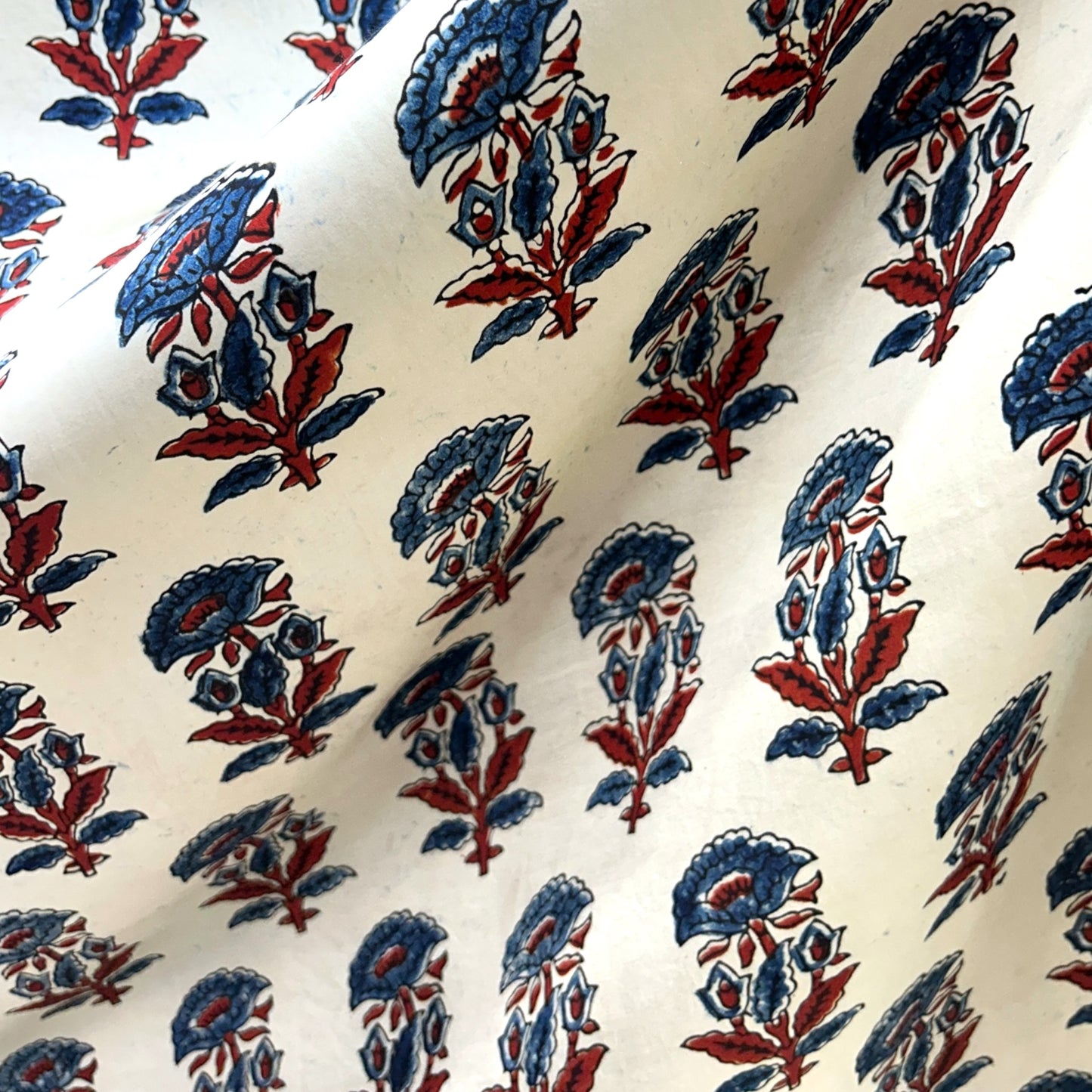 Modal Silk Ajrakh Cream Floral Hand Block Printed Fabric