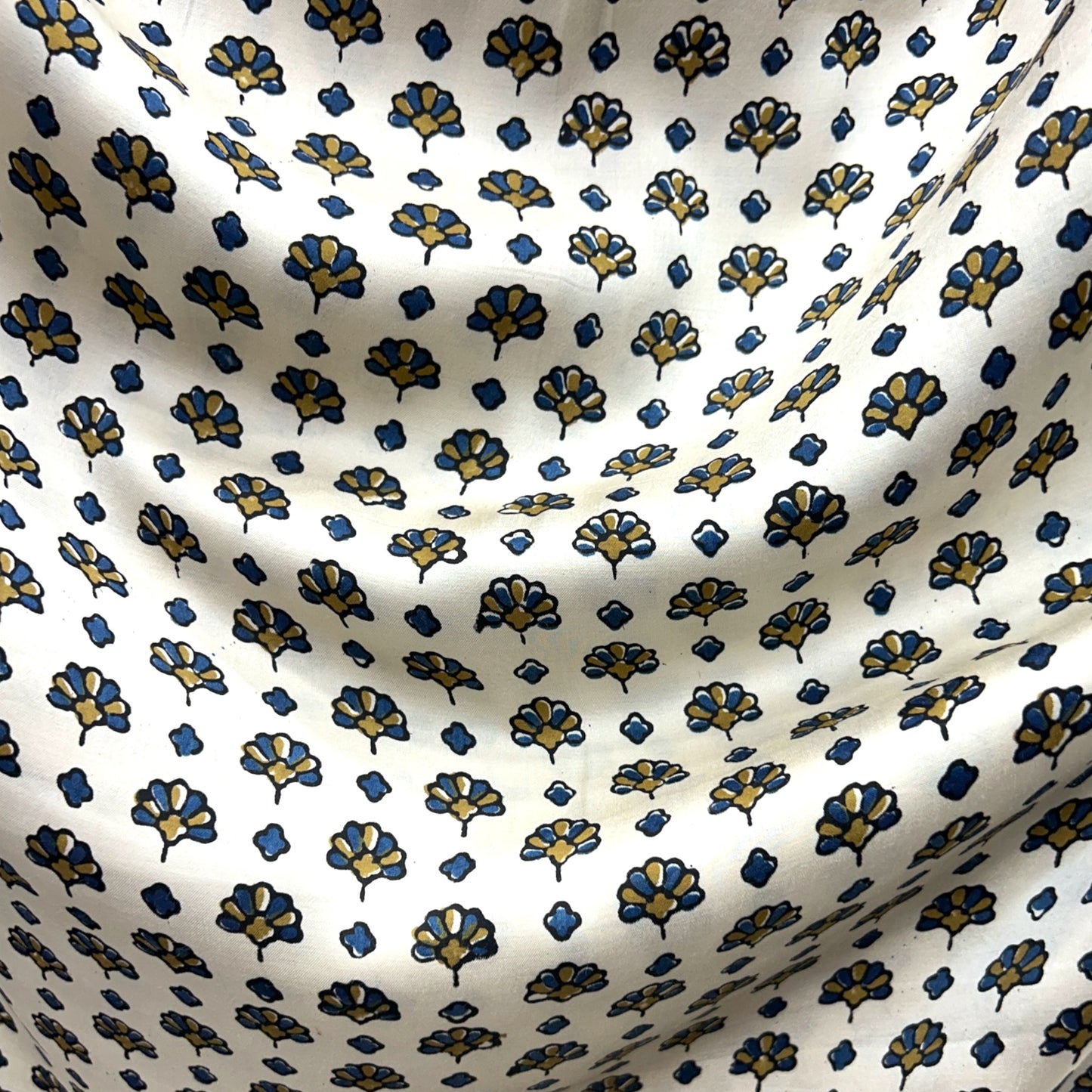 Modal Silk Ajrakh Cream Floral Hand Block Printed Fabric
