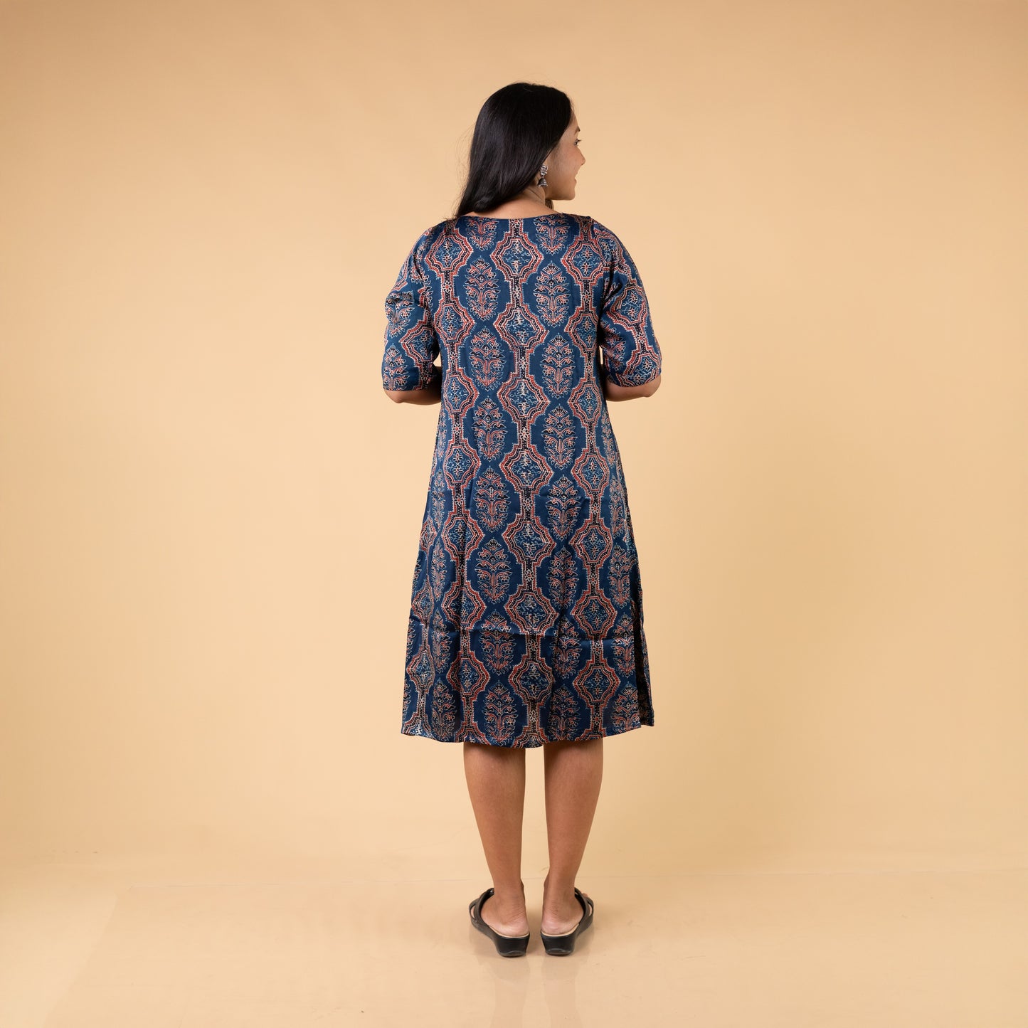 Ajrakh Blue Modal Silk Hand Block Printed Dress