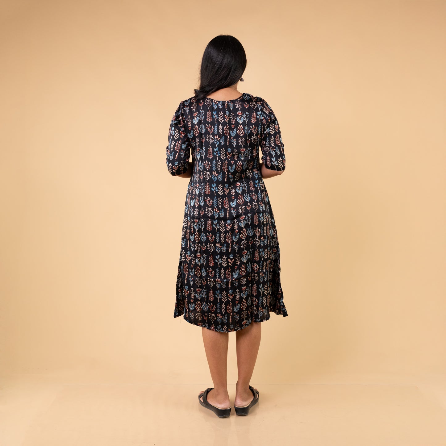 Ajrakh Black Modal Silk Hand Block Printed Dress