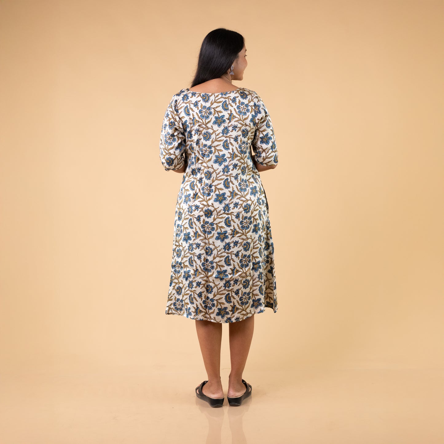 Ajrakh Cream Modal Silk Hand Block Printed Dress