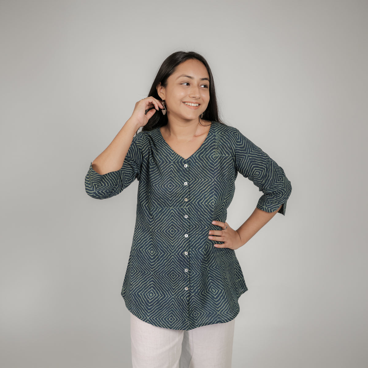 Turquoise Dabu Geometric Hand Block Printed Tunic