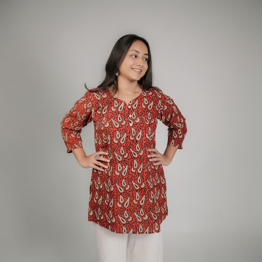 Red Dabu Paisley Motif Hand Block Printed Tunic