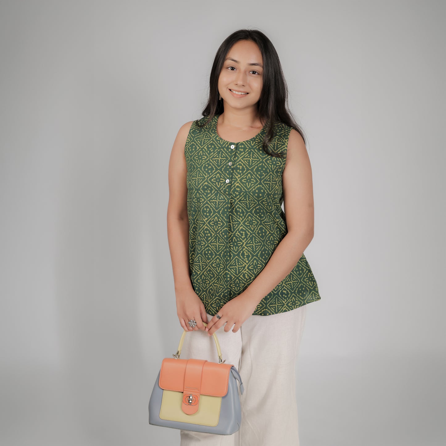Green Dabu Geometric Hand Block Printed Tunic