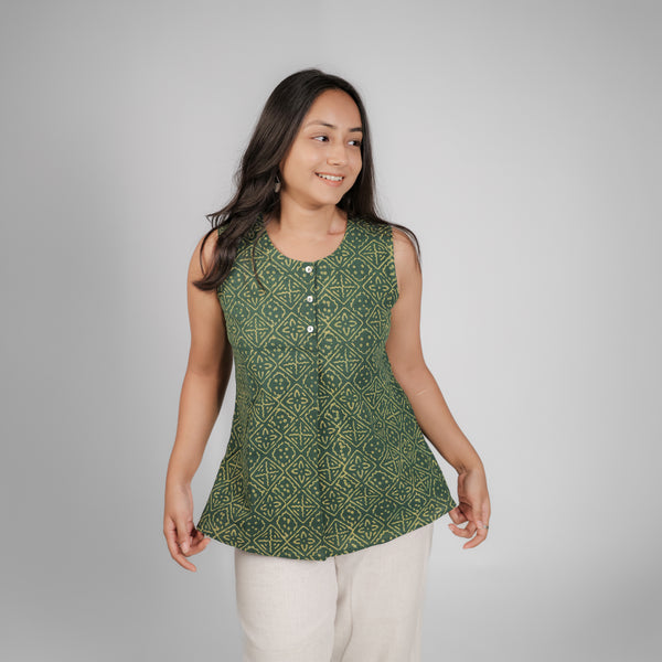 Green Dabu Geometric Hand Block Printed Tunic