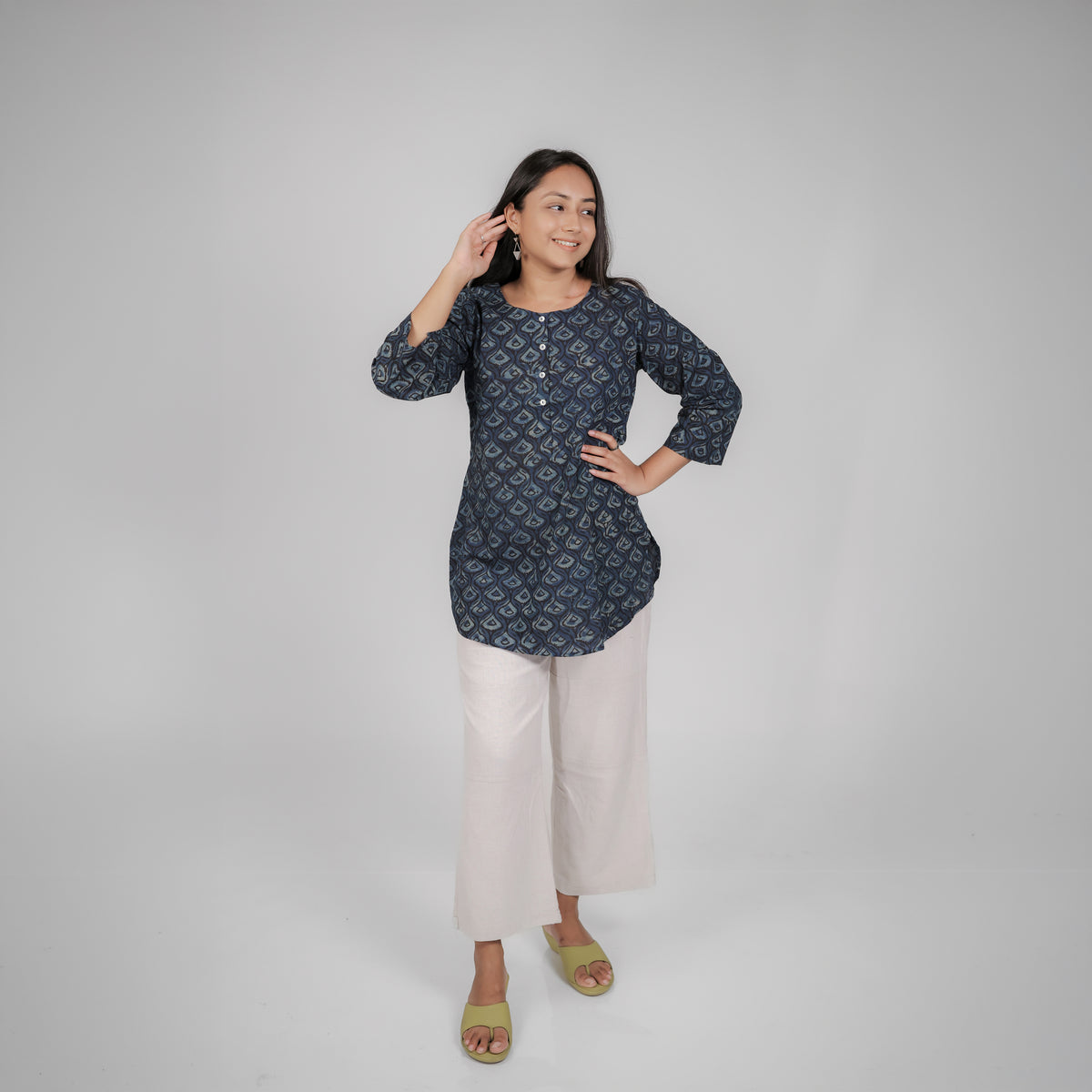 Blue Dabu Floral Hand Block Printed Tunic