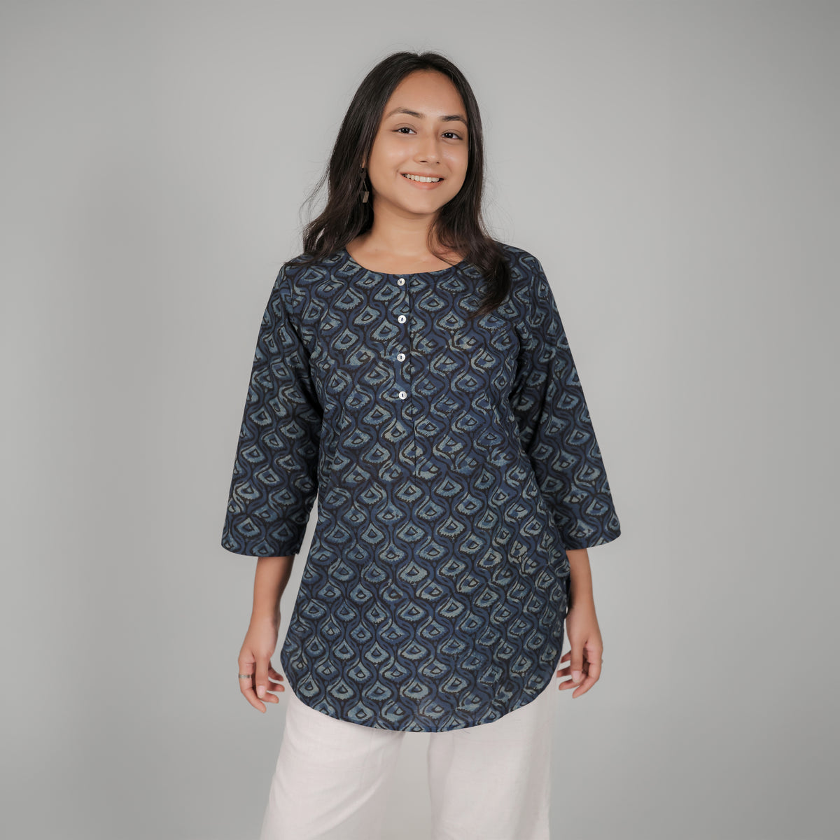 Blue Dabu Floral Hand Block Printed Tunic