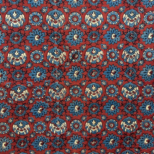 Ajrakh Red Floral Hand Block Printed Fabric