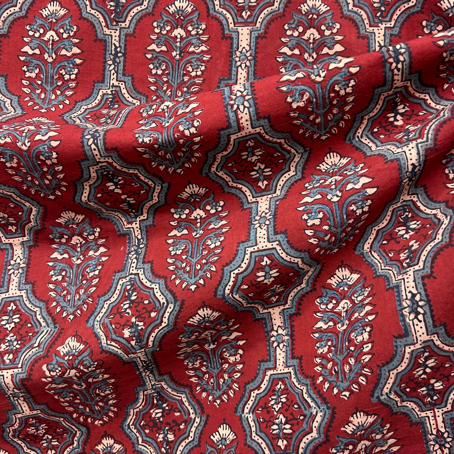 Ajrakh Red Floral Hand Block Printed Fabric