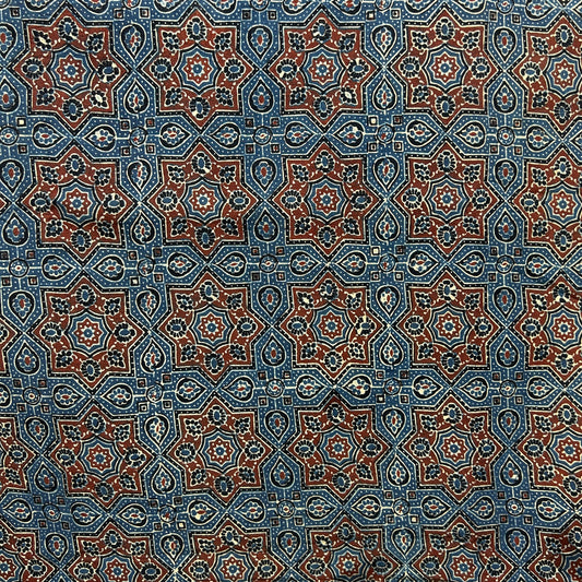Ajrakh Blue Floral Hand Block Printed Fabric