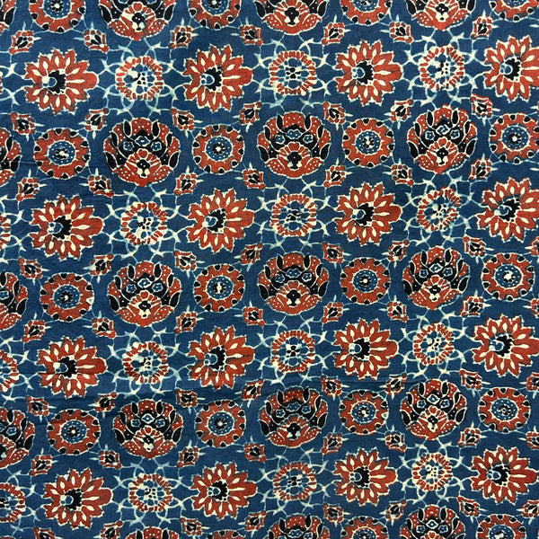 Ajrakh Blue Floral Hand Block Printed Fabric