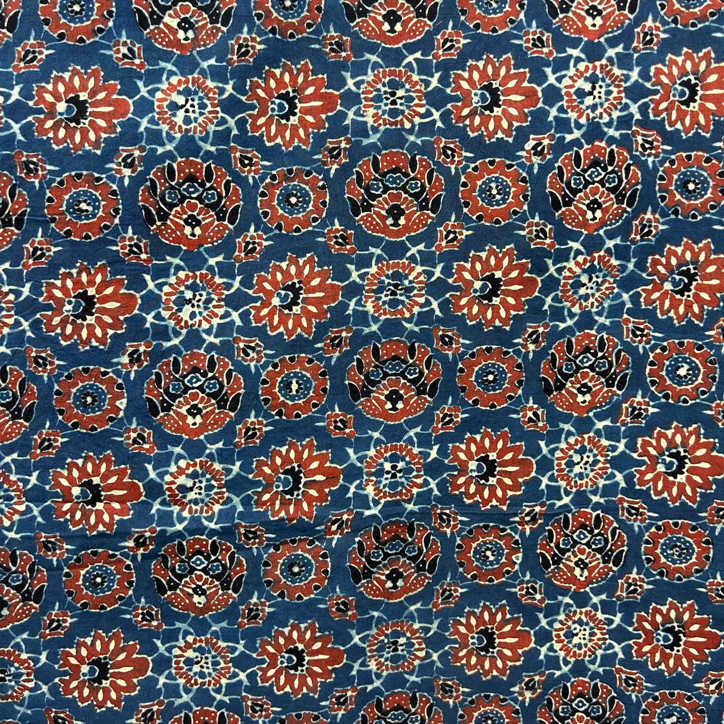 Ajrakh Blue Floral Hand Block Printed Fabric