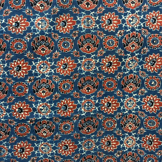 Ajrakh Blue Floral Hand Block Printed Fabric