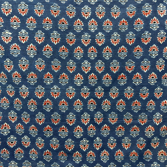 Ajrakh Blue Floral Hand Block Printed Fabric