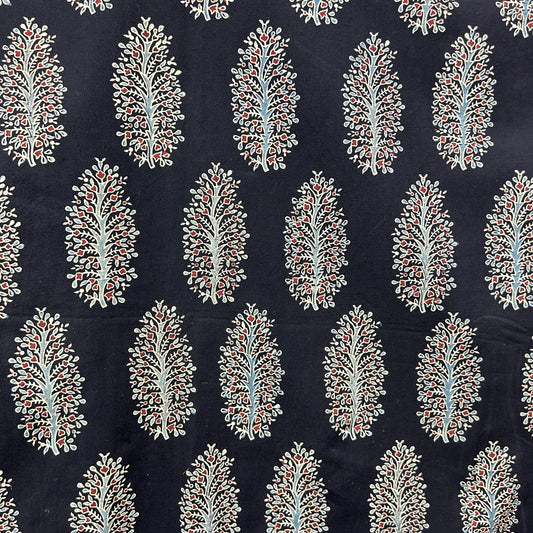 Ajrakh Black Floral Hand Block Printed Fabric
