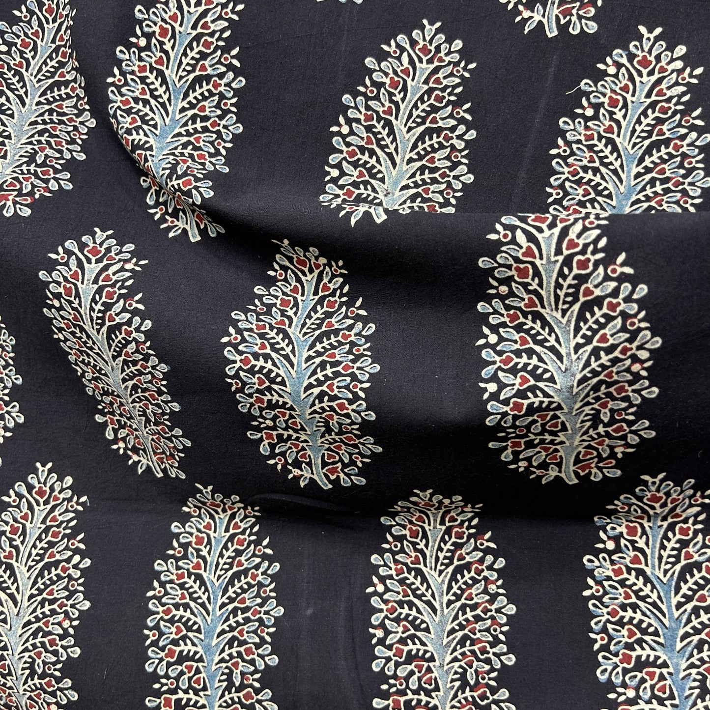 Ajrakh Black Floral Hand Block Printed Fabric