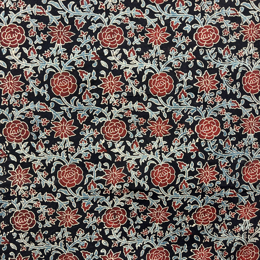 Ajrakh Black Floral Hand Block Printed Fabric