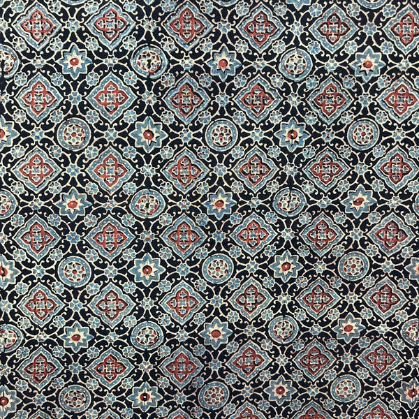 Ajrakh Black Floral Hand Block Printed Fabric